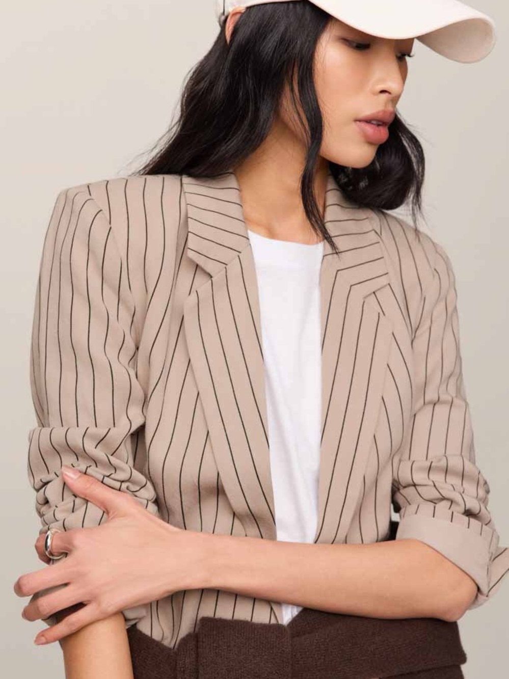 Tailored Beige Pinstripe Blazer Jacket